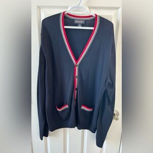 Brooks Brothers Navy Merino Cardigan Sweater with Red and Gray Trim
